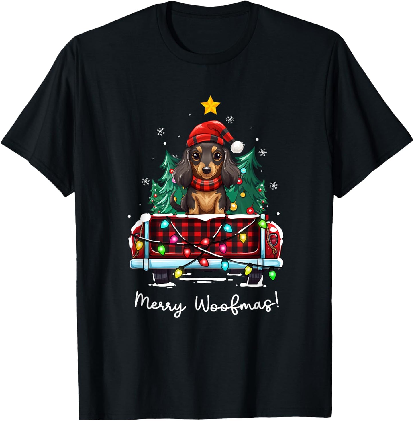 Long Haired Dachshund Christmas Dog Truck Plaid Funny Xmas Men Women Kids T-Shirt - T-Shirt | Black
