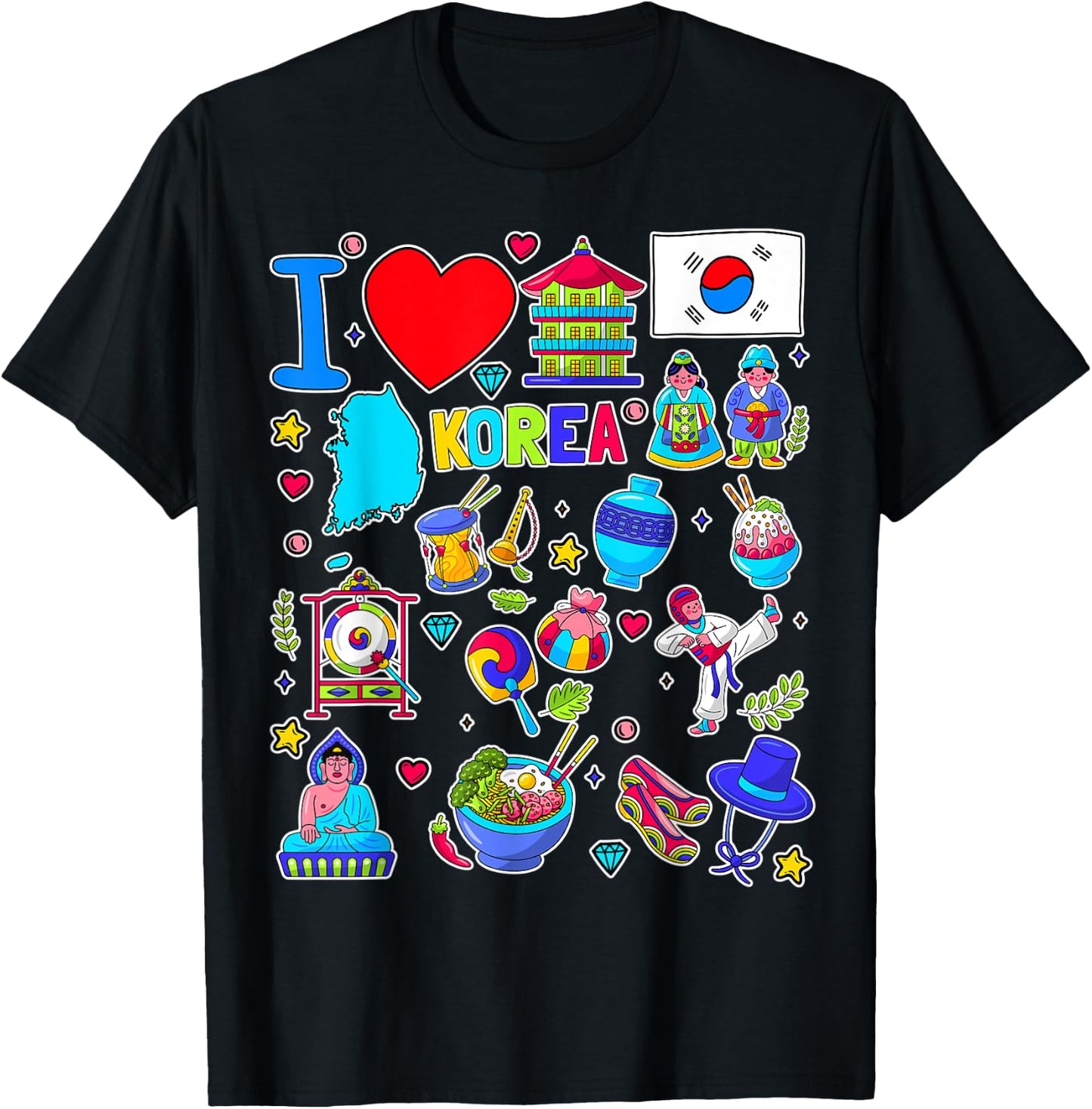 Korean hand drawn landmarks, South Korea map, Culture icons T-Shirt - T-Shirt | Black