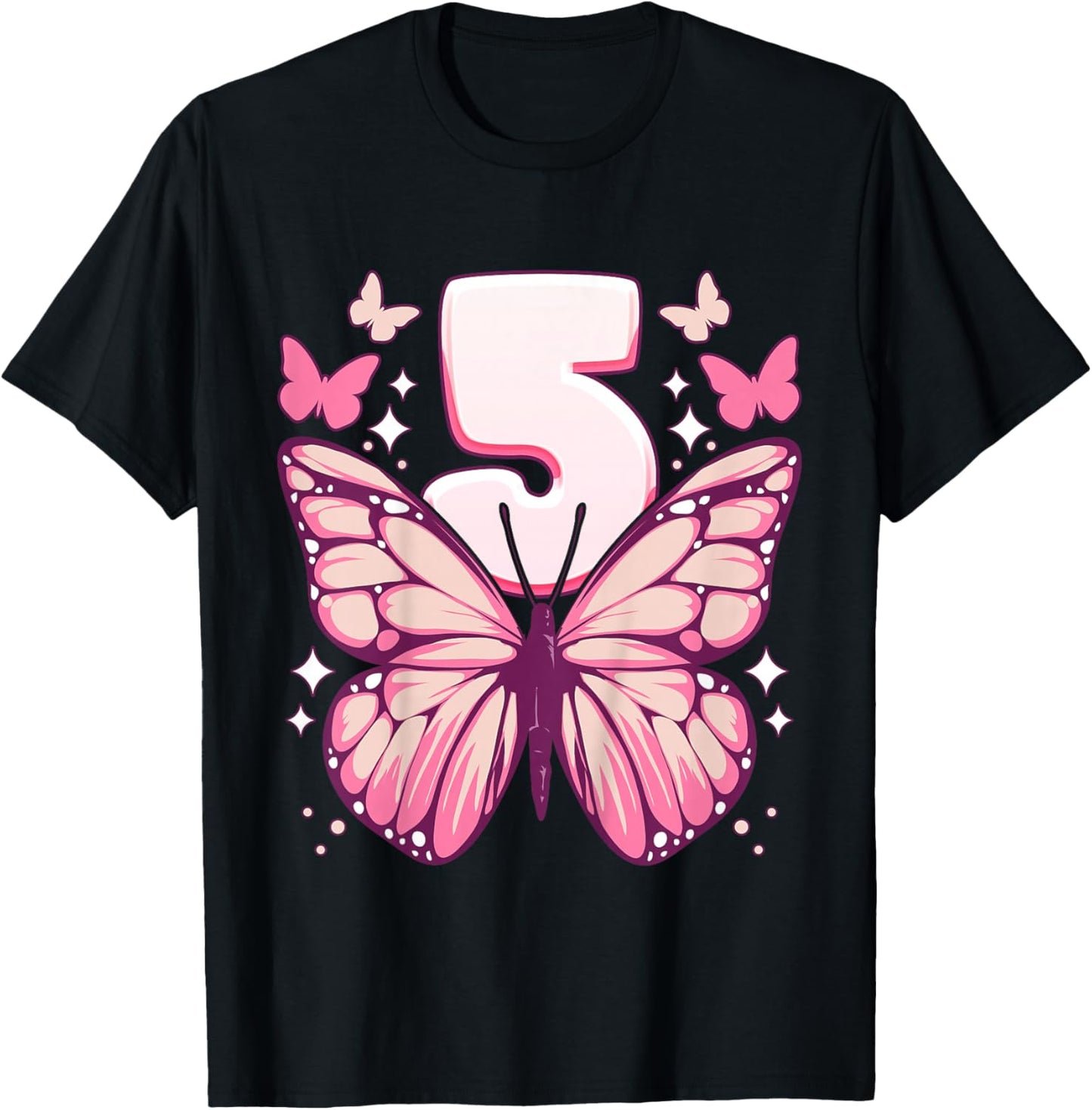 Birthday Girl 5 years, Butterflies and Number 5 T-Shirt - T-Shirt | Black