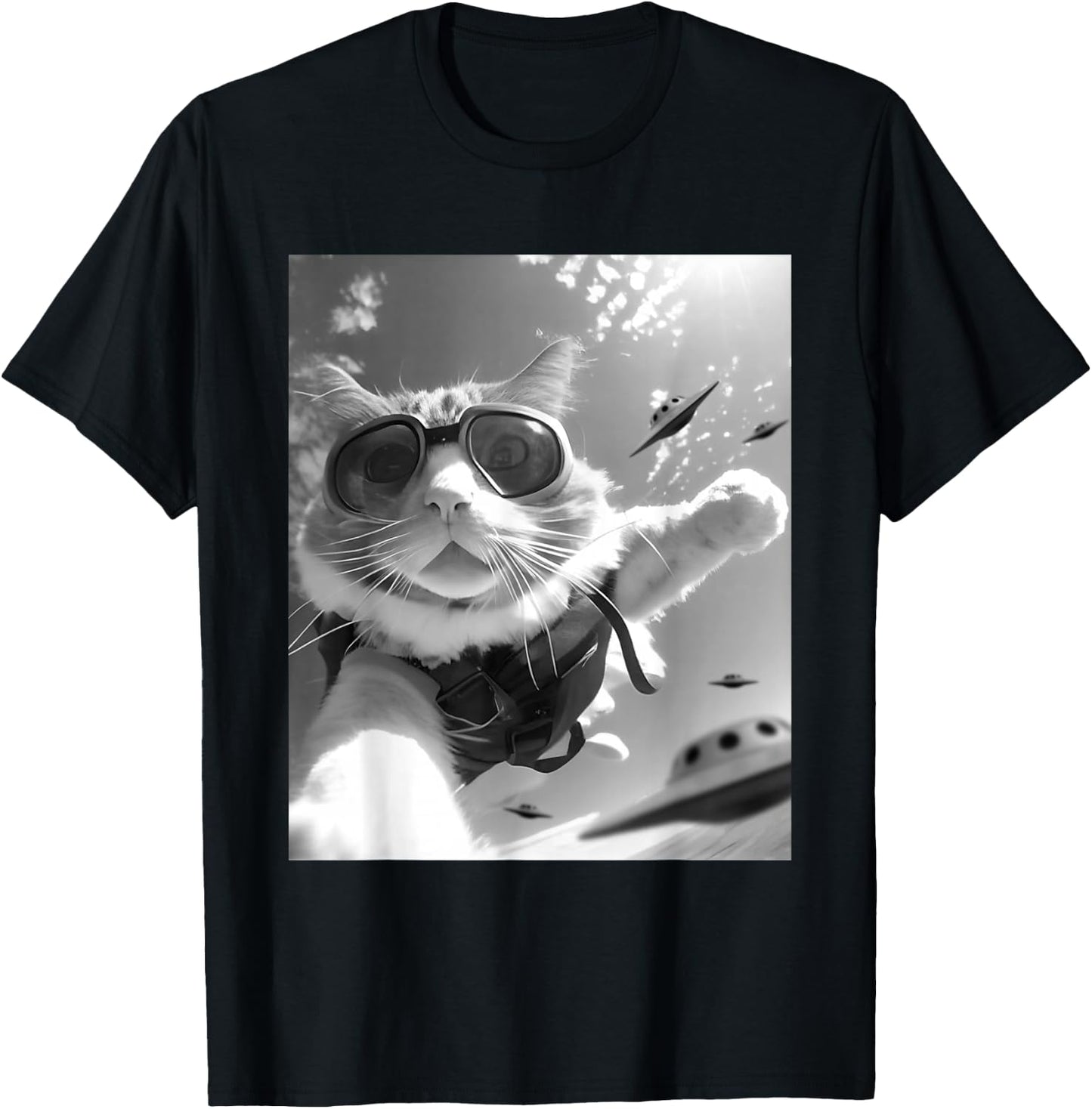 Funny Skydiving Cat Selfie with Alien UFOs T-Shirt - T-Shirt | Black