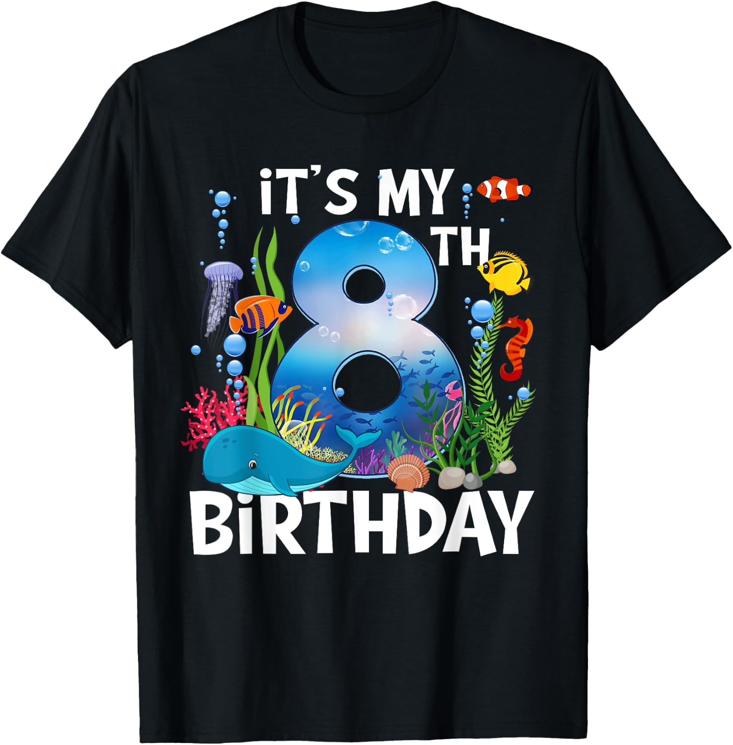 Kids 8 Year Old Ocean Life Whale Dolphin Shark 8th Birthday T-Shirt - T-Shirt | Black
