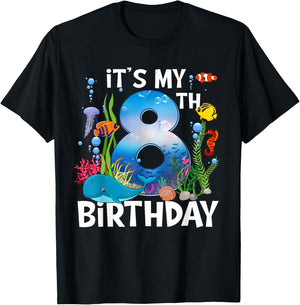 Kids 8 Year Old Ocean Life Whale Dolphin Shark 8th Birthday T-Shirt - T-Shirt | Black