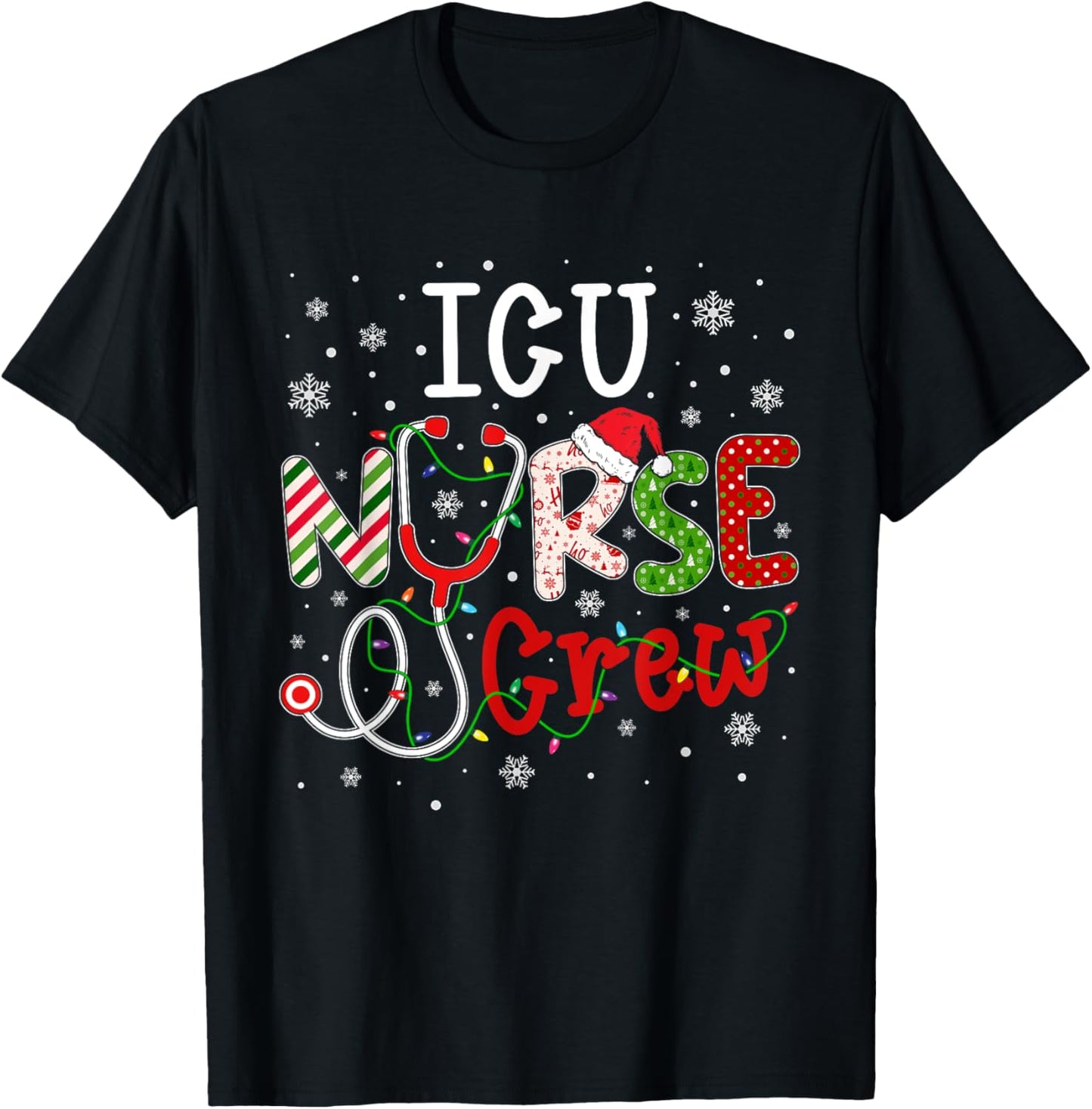 ICU Christmas Nurse Crew Funny Nursing Christmas Pattern T-Shirt - T-Shirt | Black