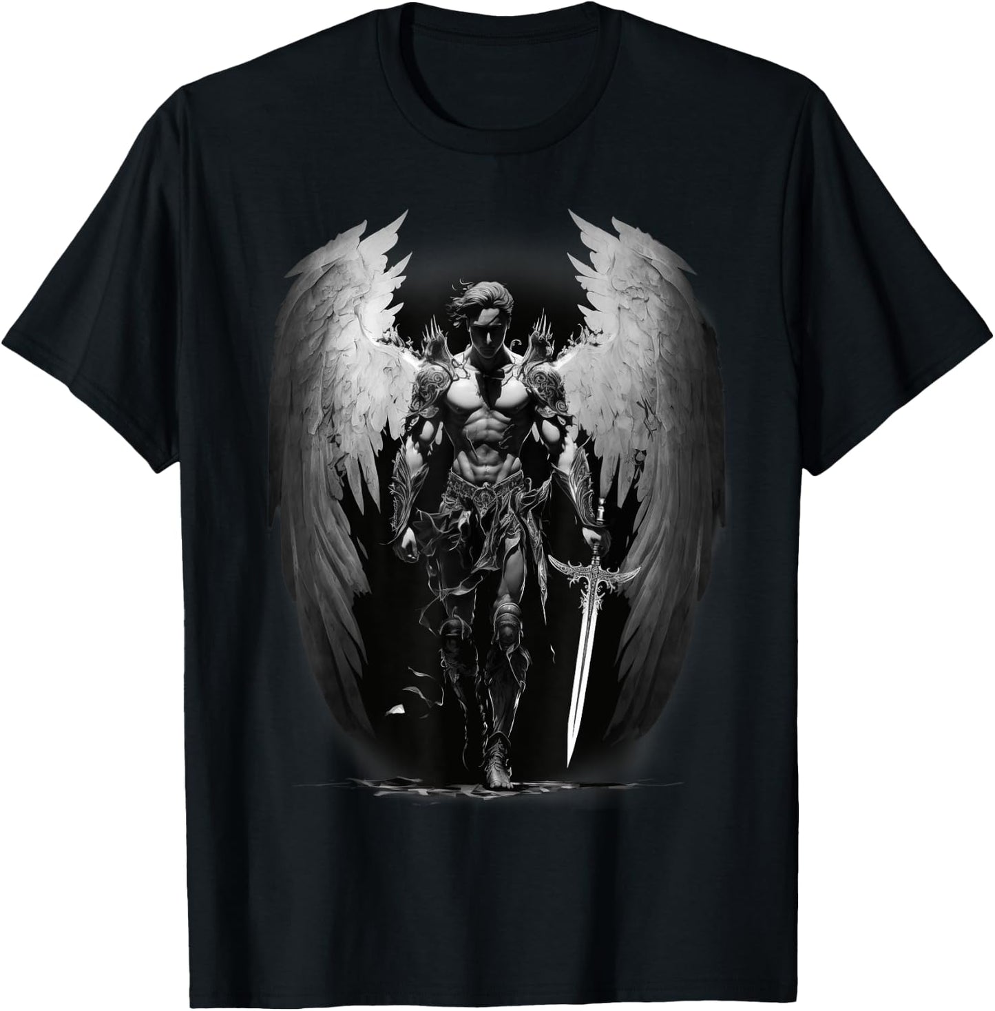 Angel Archangel with Sword, Wings in B&W Walking to Fight. T-Shirt - T-Shirt | Black