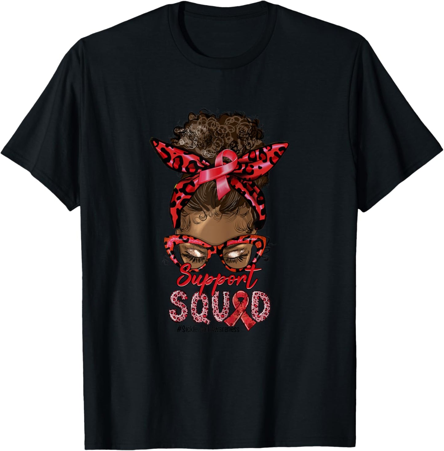 Support Squad Afro Messy Bun Leopard Sickle Cell Awareness T-Shirt - T-Shirt | Black