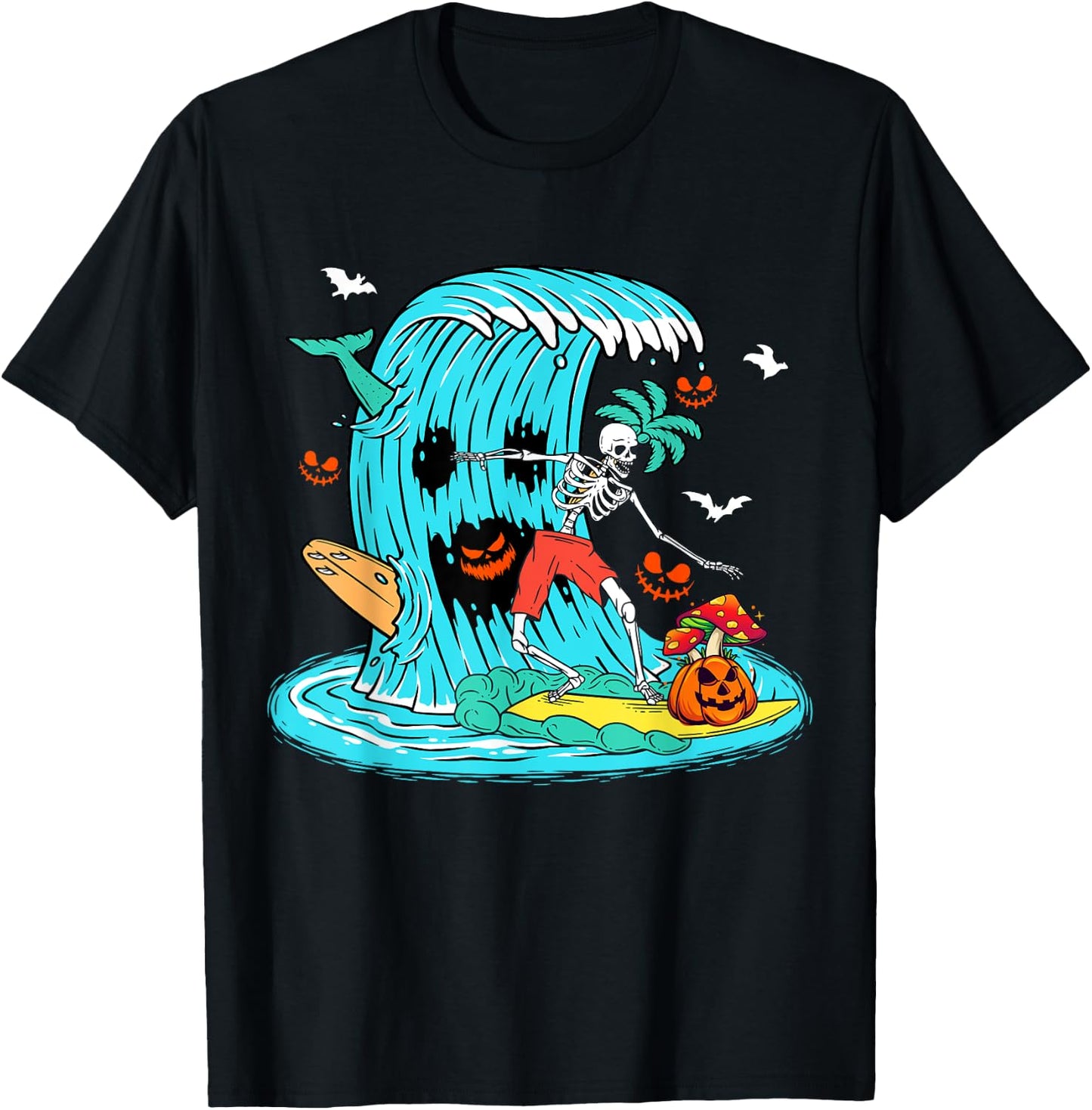 Skeleton Surfing Hawaiian Halloween Surfer Horror Pumpkin T-Shirt - T-Shirt | Black