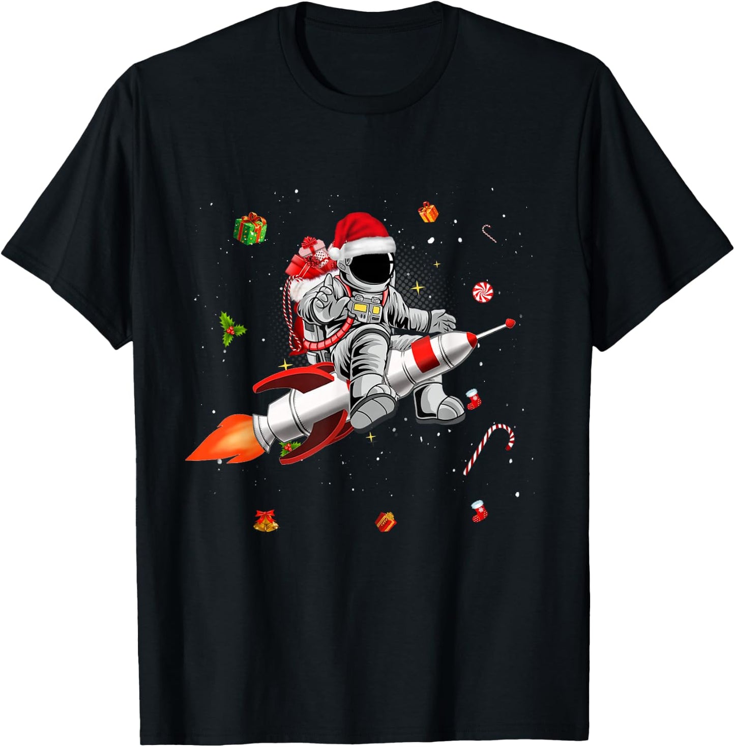 Astronaut Santa Riding Rocket Ship Planets Space Moon Galaxy T-Shirt - T-Shirt | Black