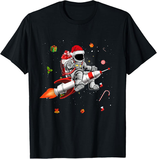 Astronaut Santa Riding Rocket Ship Planets Space Moon Galaxy T-Shirt - T-Shirt | Black