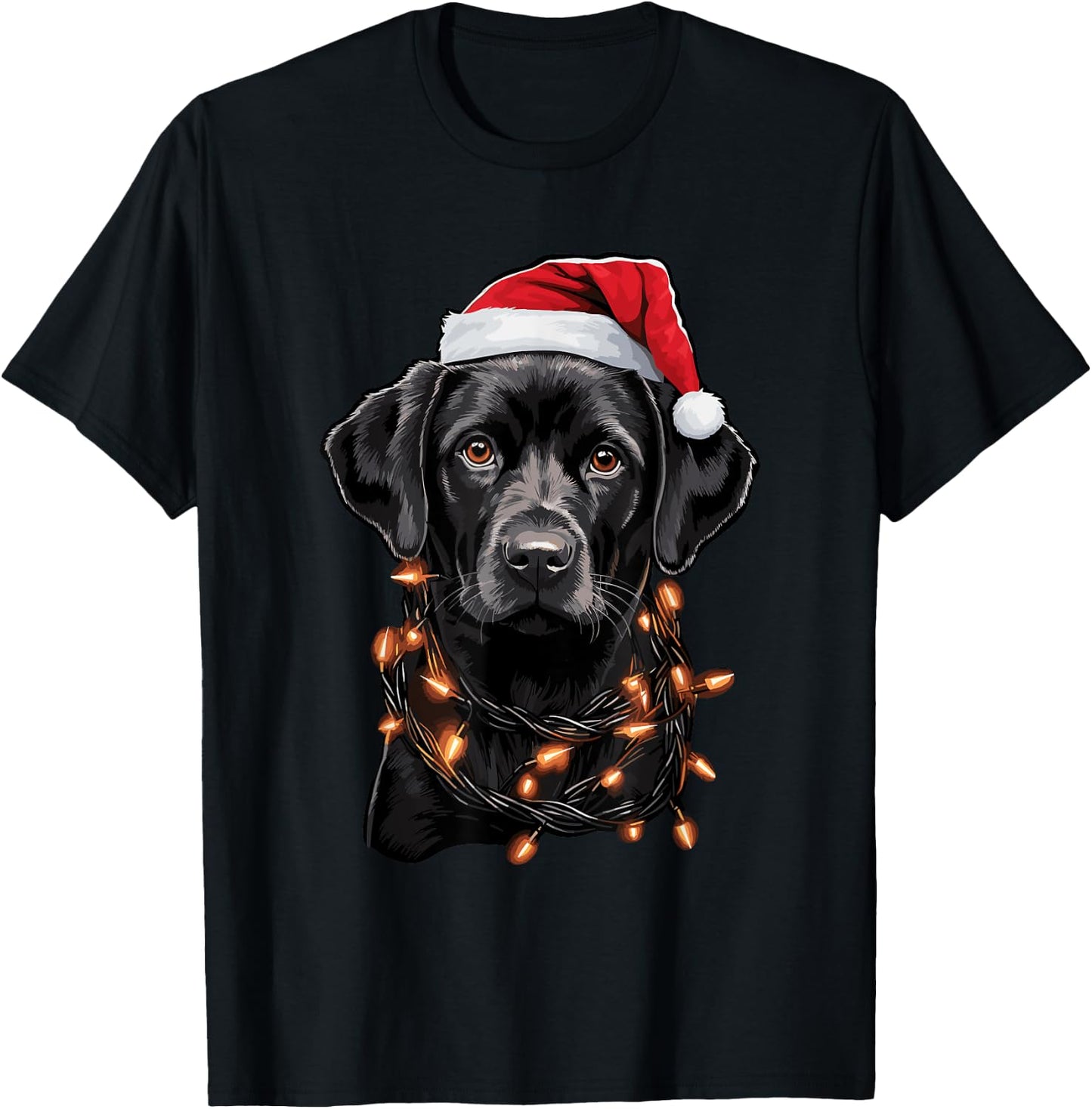 Black Labrador Christmas Lights Santa Hat Xmas Pajama T-Shirt - T-Shirt | Black