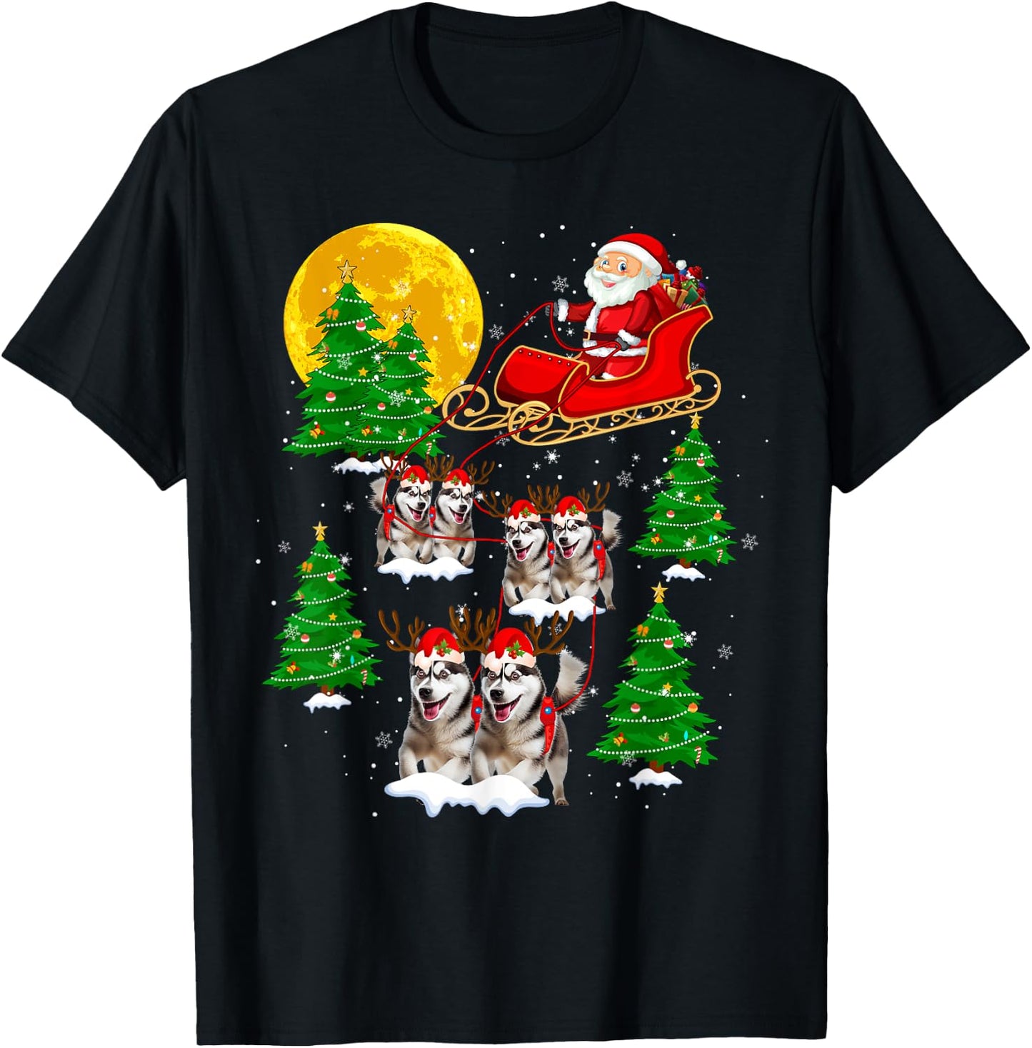 Cute Reindeer Husky Dogs Pulling Santa Sled Christmas Pajama T-Shirt - T-Shirt | Black