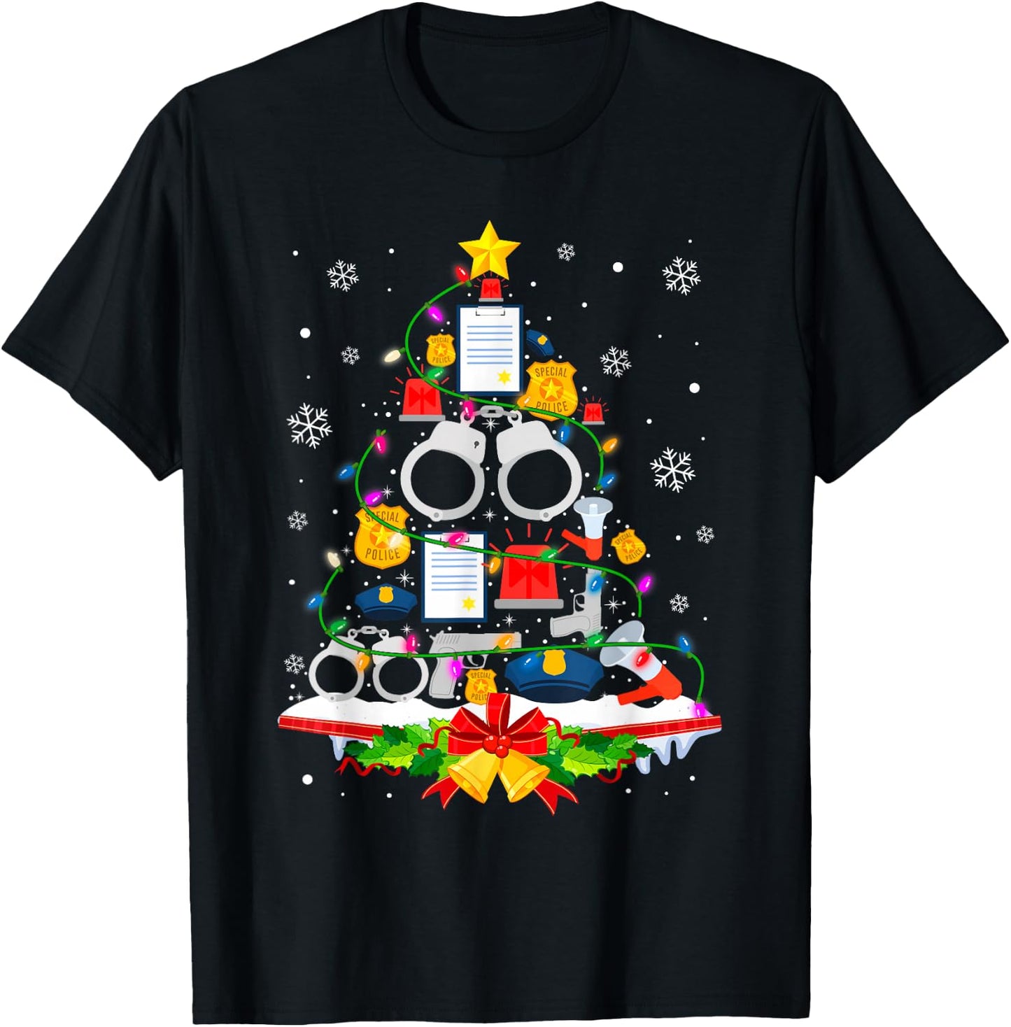 Police Christmas Tree Lights Funny Police Lover T-Shirt - T-Shirt | Black