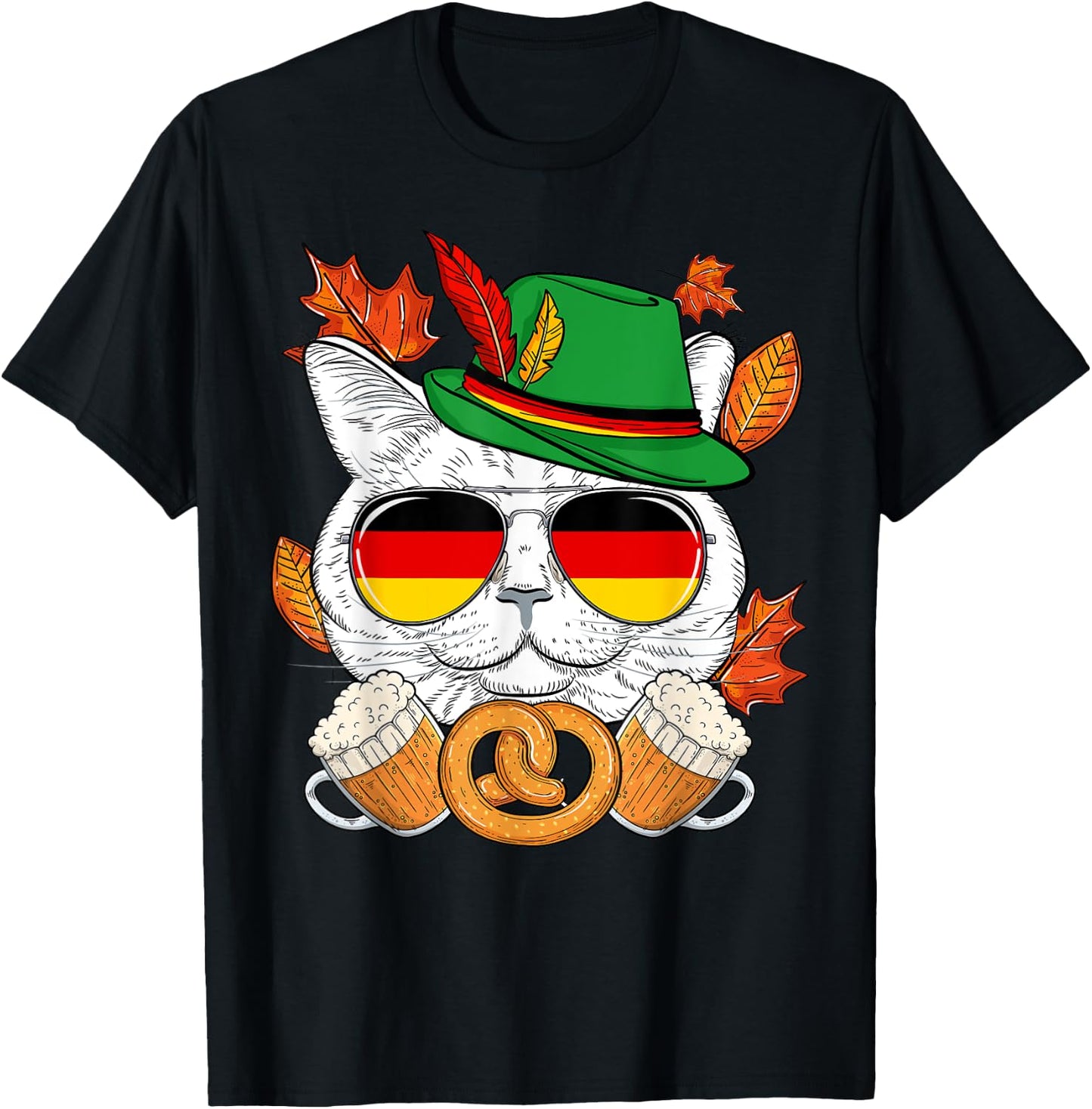 Funny Lederhosen Cat & Sunglasses Germany Flag Oktoberfest T-Shirt - T-Shirt | Black