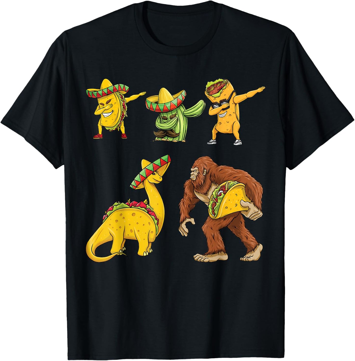 Cinco De Mayo Taco Cactus Burrito Funny Dinosaur Bigfoot T-Shirt - T-Shirt | Black