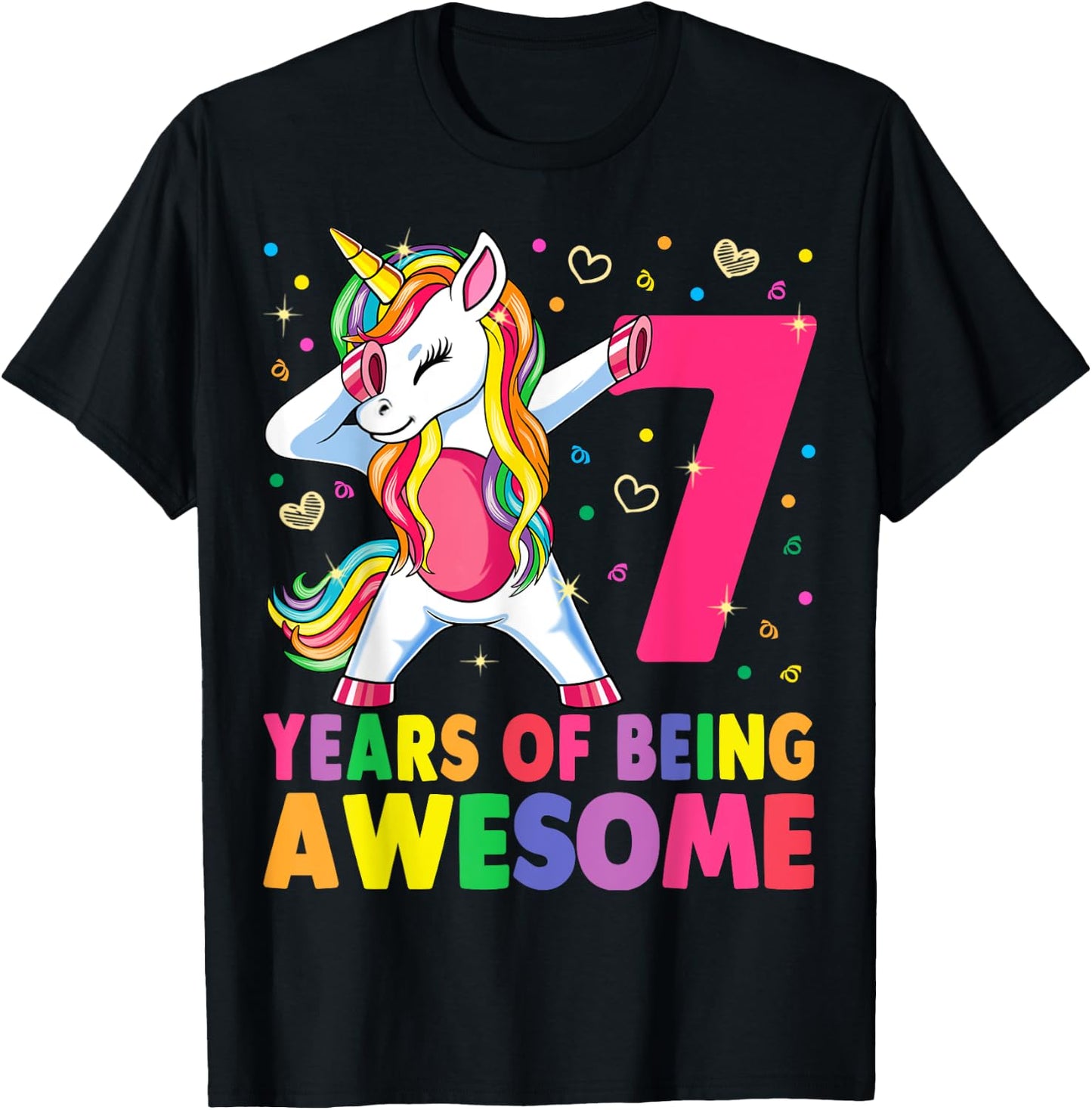 7 Years Old Unicorn Dabbing 7th Birthday Girl Unicorn Party T-Shirt - T-Shirt | Black