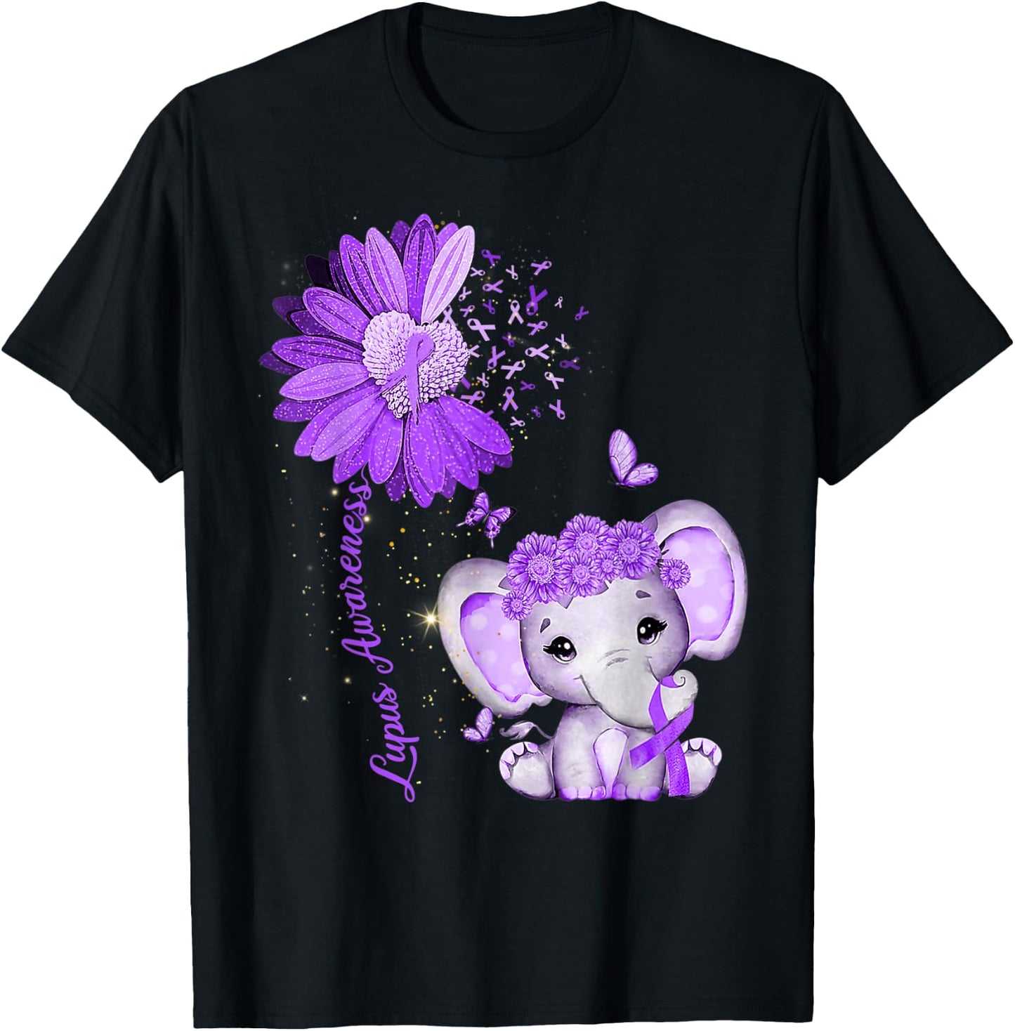 Lupus Awareness Sunflower Purple Ribbon Elephant T-Shirt - T-Shirt | Black