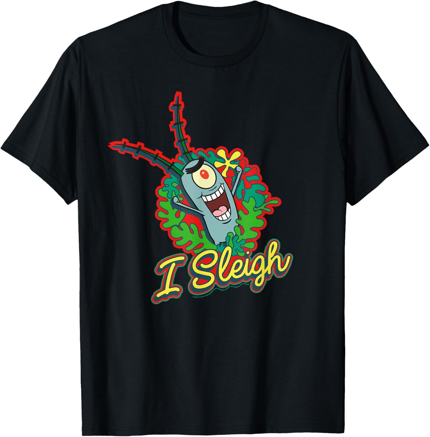 SpongeBob SquarePants I Sleigh, Plankton Christmas Wreath T-Shirt - T-Shirt | Black
