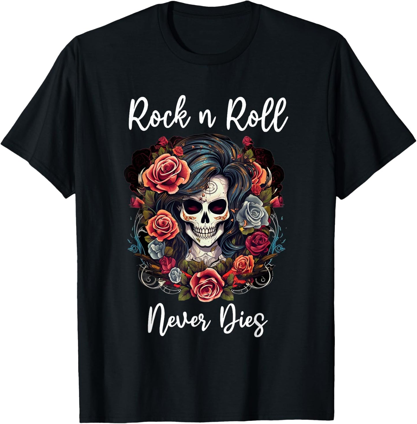 Rock n Roll Never Dies Rockabilly Girl Skull Tattoo T-Shirt - T-Shirt | Black
