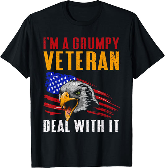 I'm A Grumpy Veteran Deal With It USA Proud American Veteran T-Shirt - T-Shirt | Black