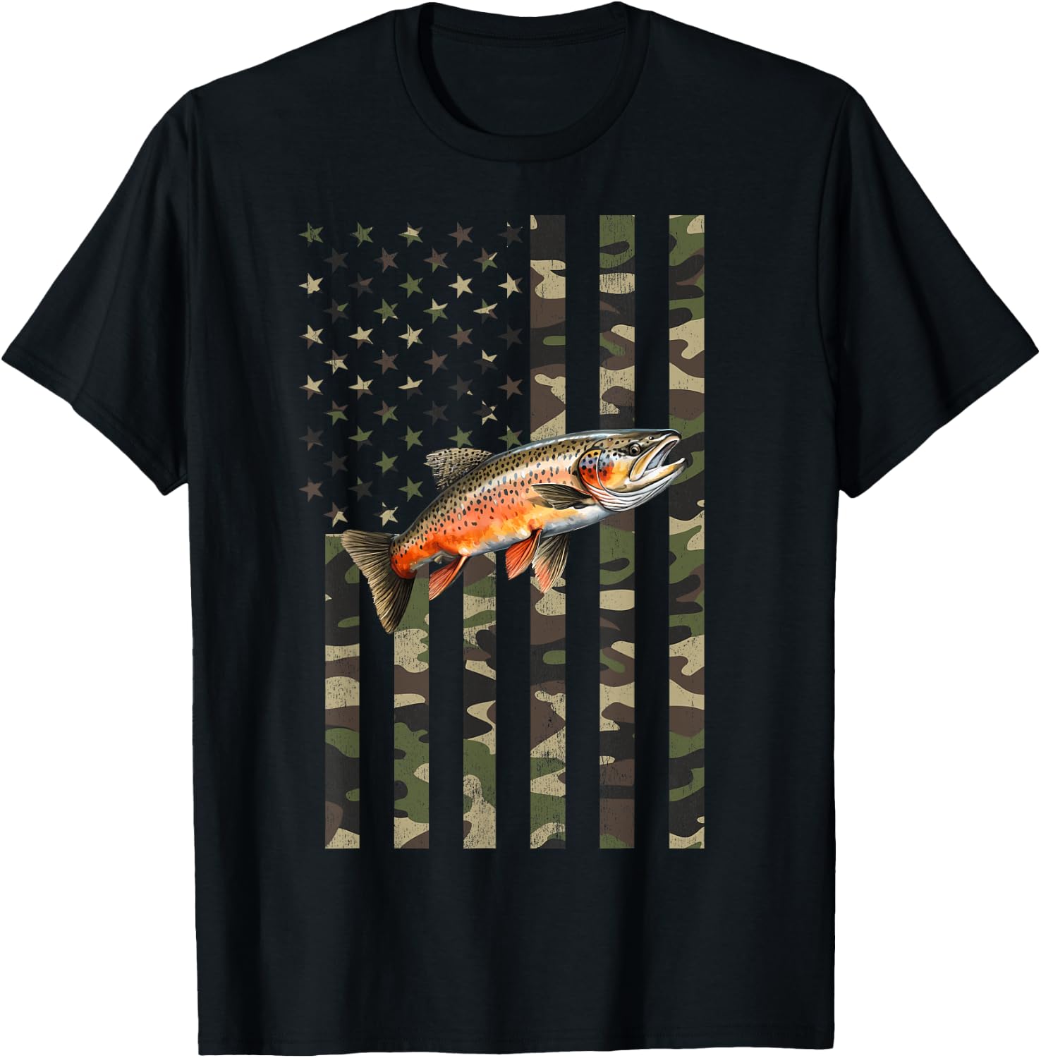 Brook Trout Fishing, Camo American Flag with Brook Trout T-Shirt - T-Shirt | Black