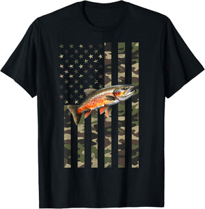 Brook Trout Fishing, Camo American Flag with Brook Trout T-Shirt - T-Shirt | Black