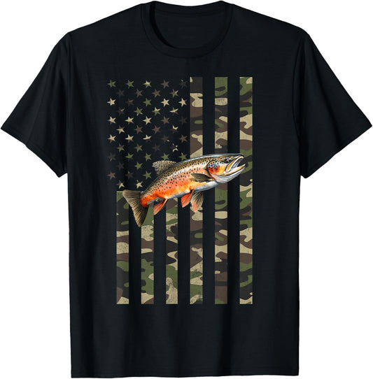 Brook Trout Fishing, Camo American Flag with Brook Trout T-Shirt - T-Shirt | Black