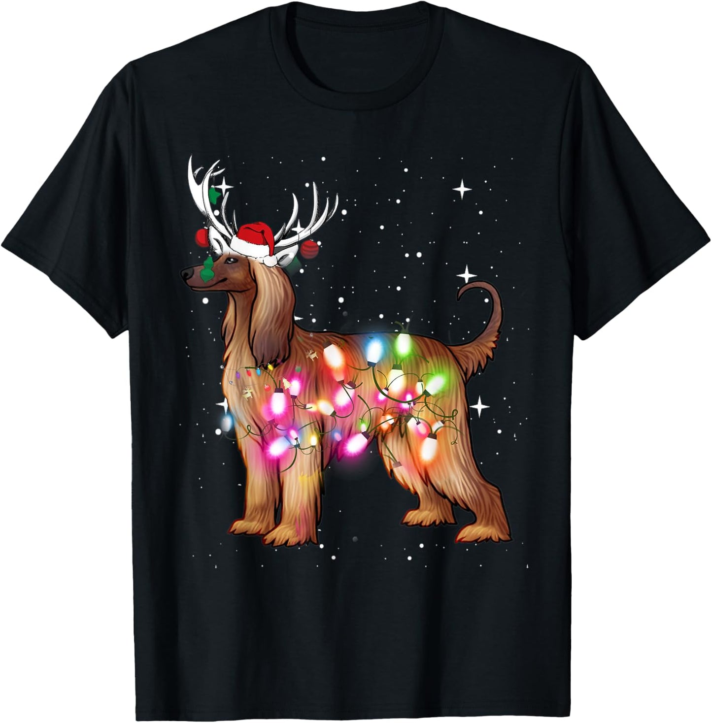 Afghan Hound Christmas Lights Pajama Funny Dog Women Kids T-Shirt - T-Shirt | Black
