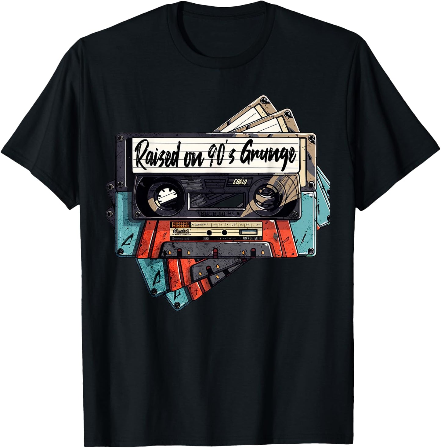 Raised On 90's Music Grunge Rock Cassette Tape Design T-Shirt - T-Shirt | Black