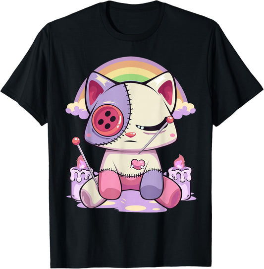 Pastel Goth Kawaii Menhera Sad Creepy Voodoo Doll Cat T-Shirt - T-Shirt | Black
