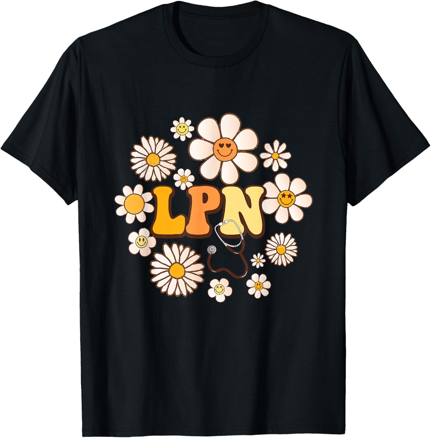 Retro groovy smile face Flowers LPN Licensed Practical Nurse T-Shirt - T-Shirt | Black