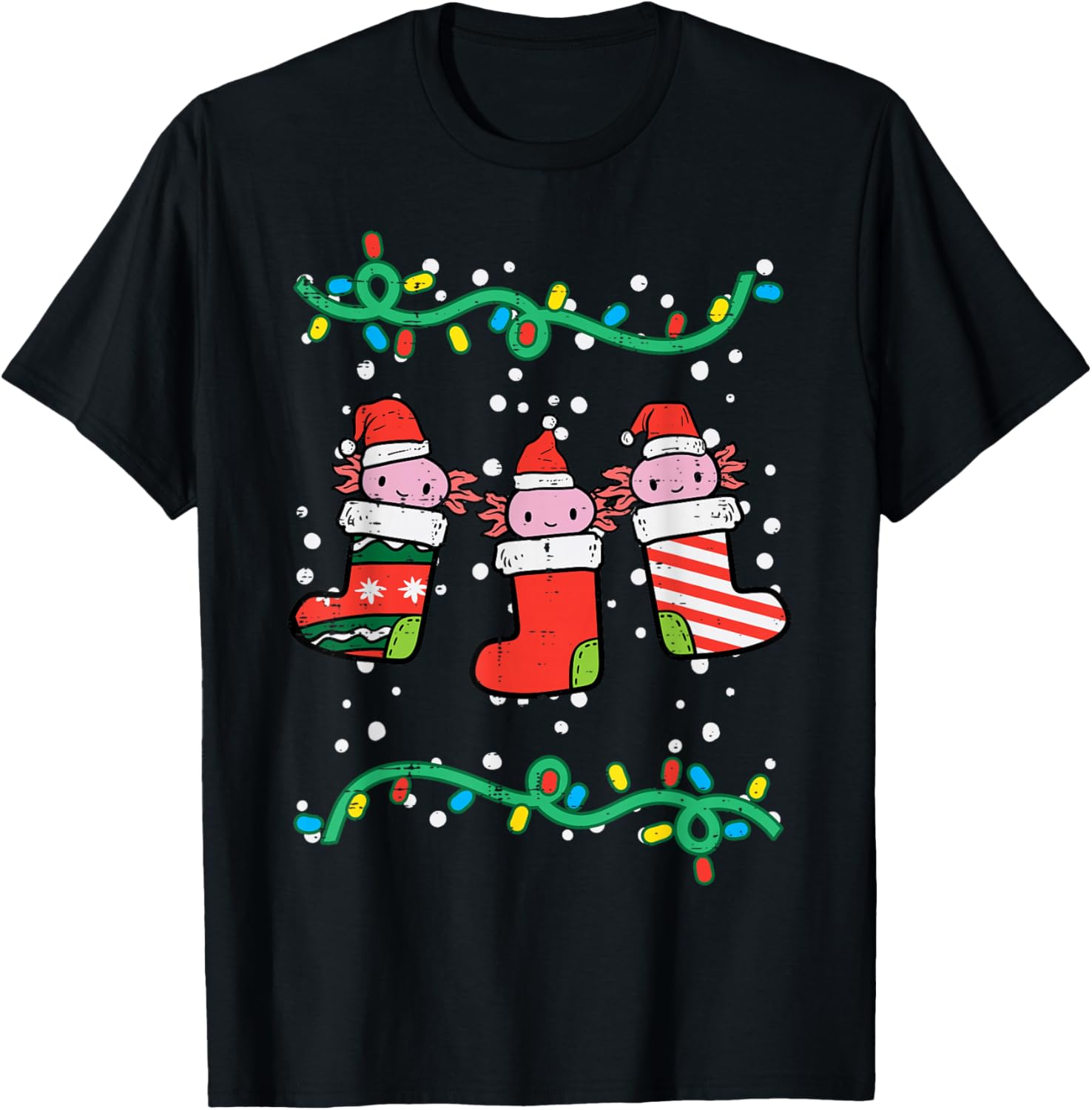 Christmas Stockings Axolotls Cute Xmas Men Women Kids Girls T-Shirt - T-Shirt | Black