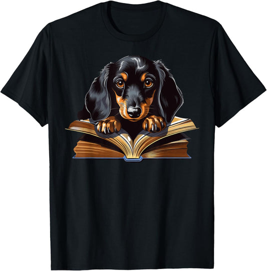 Dachshund Dog Reading Book Men Women Kids T-Shirt - T-Shirt | Black