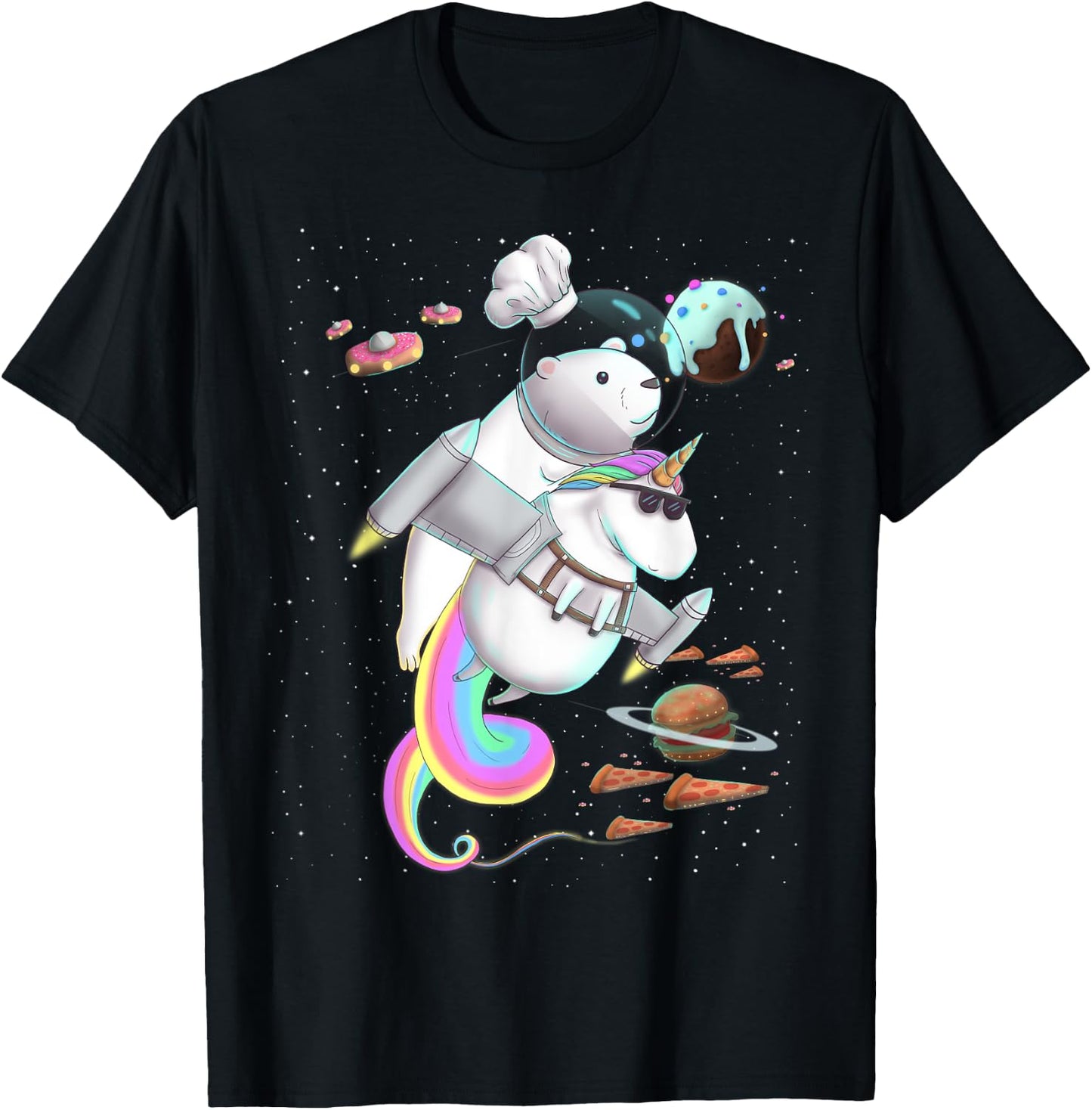 Polar Bear Riding Unicorn Food Pizza Space Party Planet T-Shirt - T-Shirt | Black