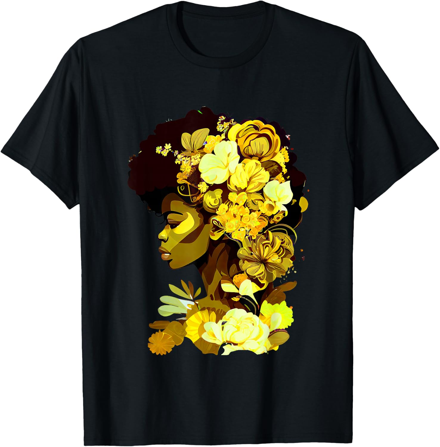Beautiful Black Woman Afro Queen African Art Yellow Flowers T-Shirt - T-Shirt | Black