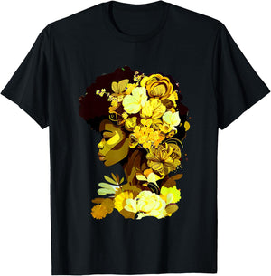 Beautiful Black Woman Afro Queen African Art Yellow Flowers T-Shirt - T-Shirt | Black