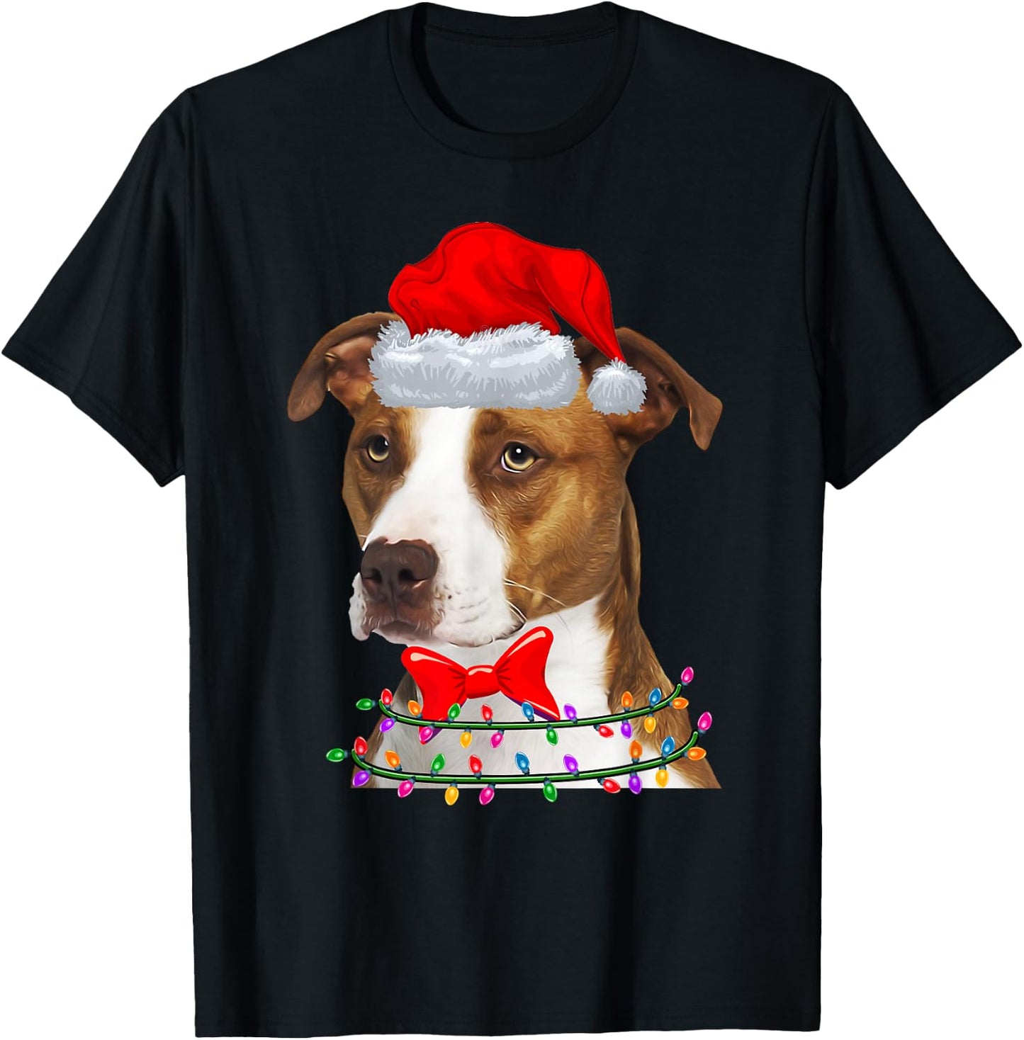 Christmas Lights Pitbull Wearing Xmas Hat - Cute Dog Lover T-Shirt - T-Shirt | Black
