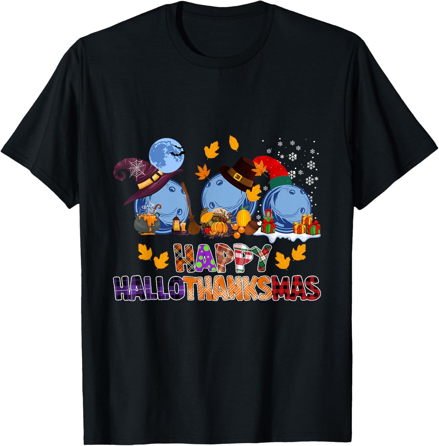 Cute Hallothanksmas Bowling Halloween Thanksgiving Christmas T-Shirt - T-Shirt | Black
