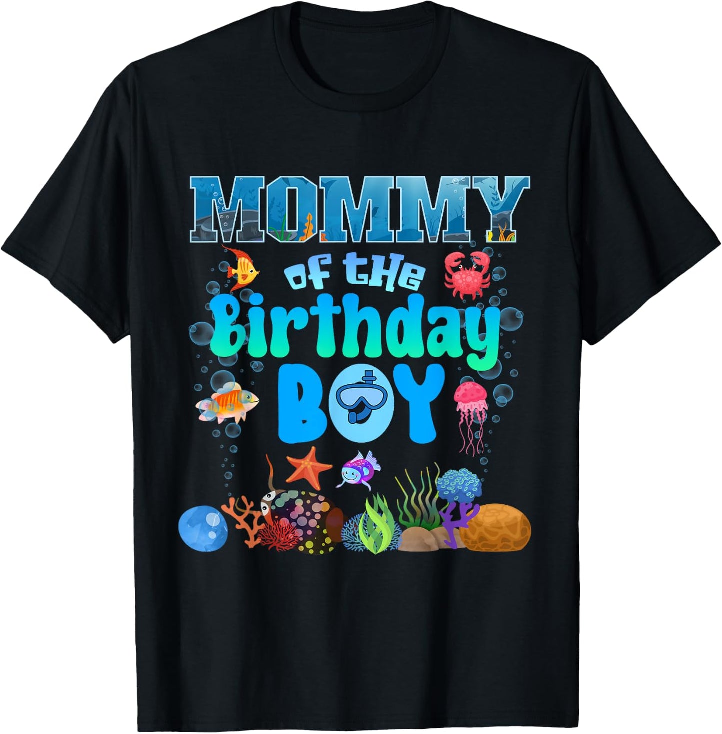 Mommy Of The Birthday Boy Aquarium Sea Animals Matching T-Shirt - T-Shirt | Black