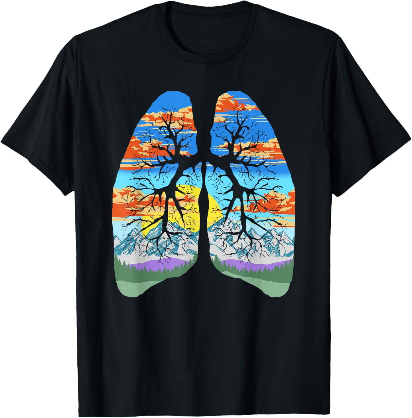 Nature Lungs Outdoor & Earth Day Trees & Mountains Design T-Shirt - T-Shirt | Black