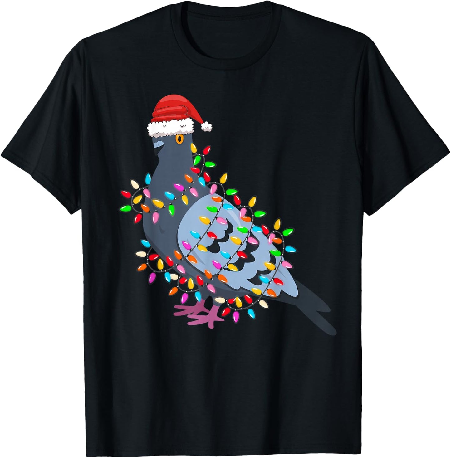 Christmas Lights Pigeon Wearing Xmas Hat - Pigeon Lover T-Shirt - T-Shirt | Black