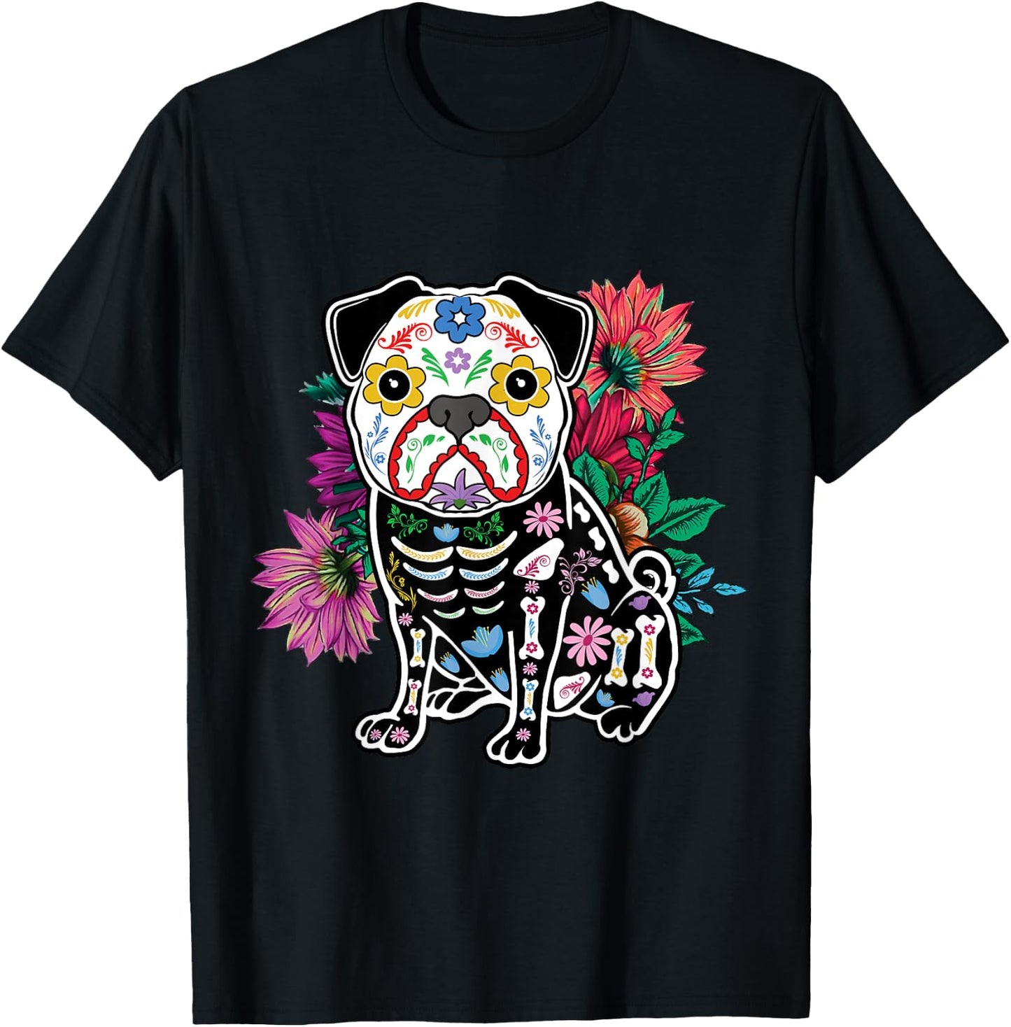 Floral Pug Dog Lover Souls Day Of Dead Dia De Los Muertos T-Shirt - T-Shirt | Black