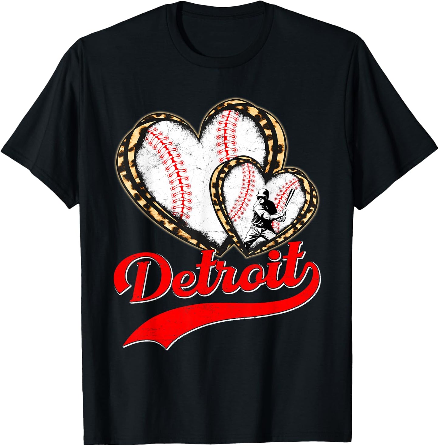 Vintage Detroit Baseball Leopard Heart Baseball Fans T-Shirt - T-Shirt | Black