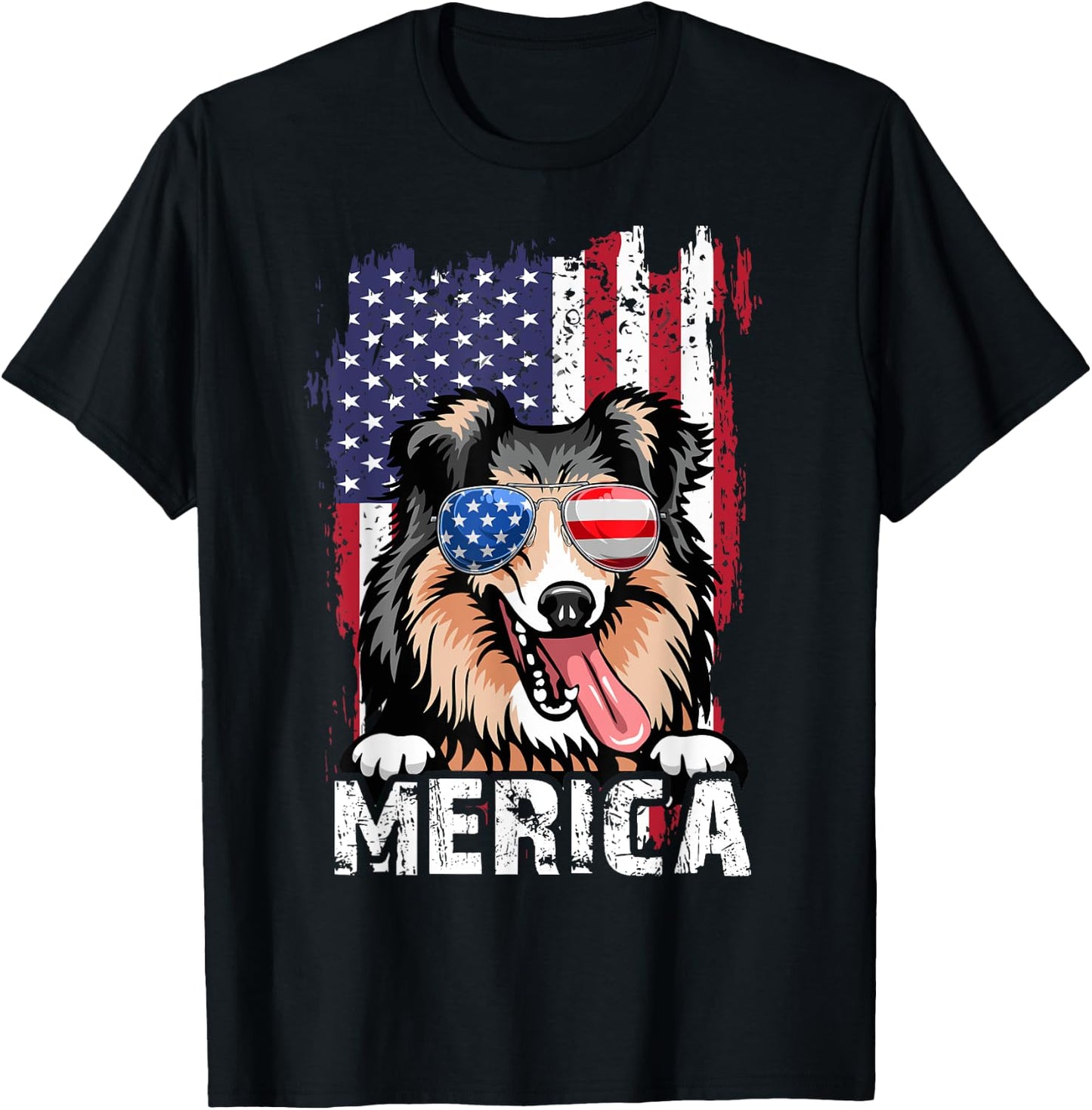 Merica 4th of July Shetland Sheepdog US Flag Sheltie Mom Dad T-Shirt - T-Shirt | Black
