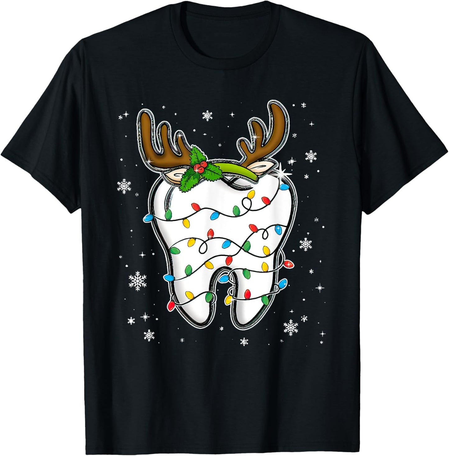 Christmas Dentist Dental Tooth Light Xmas T-Shirt - T-Shirt | Black