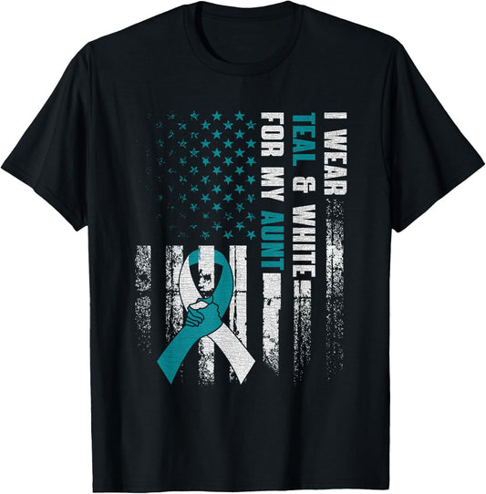 I Wear Teal & White For My Aunt Cervical Cancer Awareness T-Shirt - T-Shirt | Black