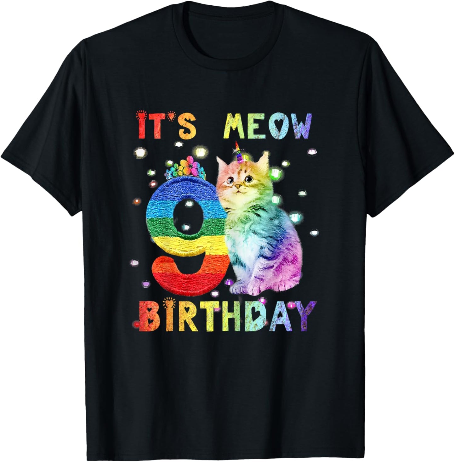 Cute 9th Birthday Cat Unicorn 9 Years Old Rainbow Girl Teens T-Shirt - T-Shirt | Black