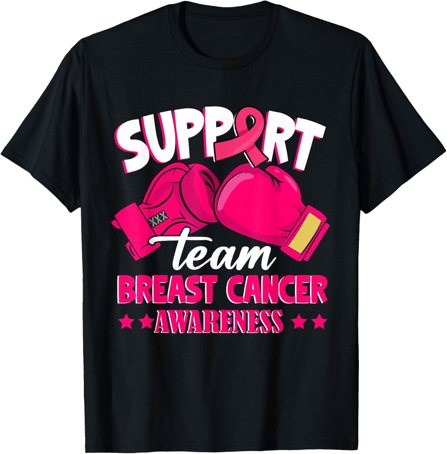Support Team Boxing Gloves Pink Ribbon Breast Cancer Gifts T-Shirt - T-Shirt | Black