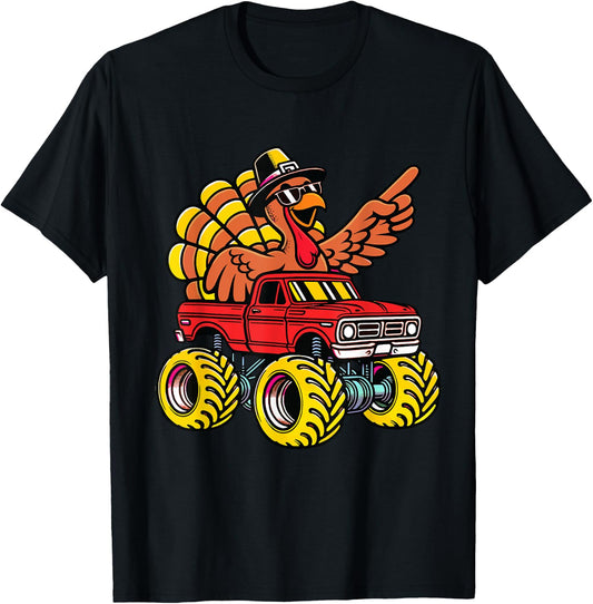 Thanksgiving Turkey Riding Monster Truck Kids Boys T-Shirt - T-Shirt | Black
