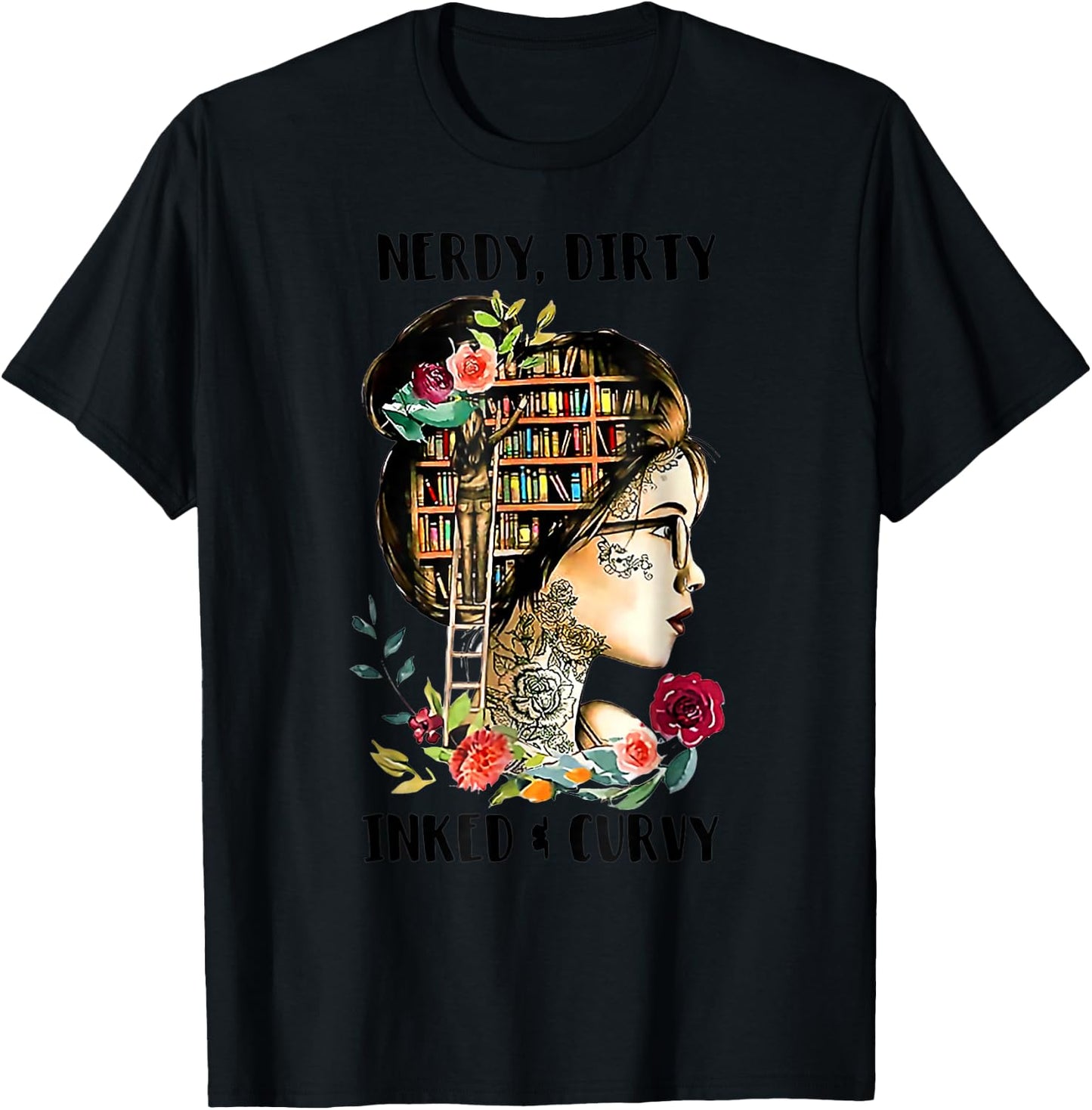 Vintage Nerdy Dirty Inked Curvy Girl Tattoo Reading Lover T-Shirt - T-Shirt | Black