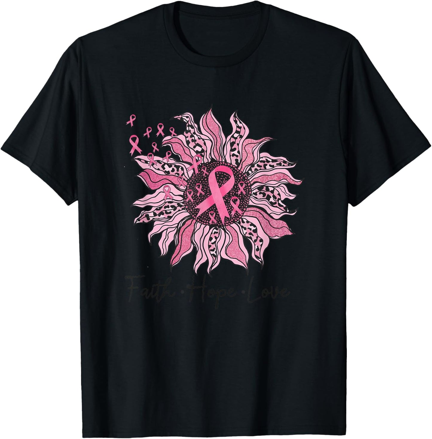 Faith Hope Love Sunflower Leopard Breast Cancer Awareness T-Shirt - T-Shirt | Black