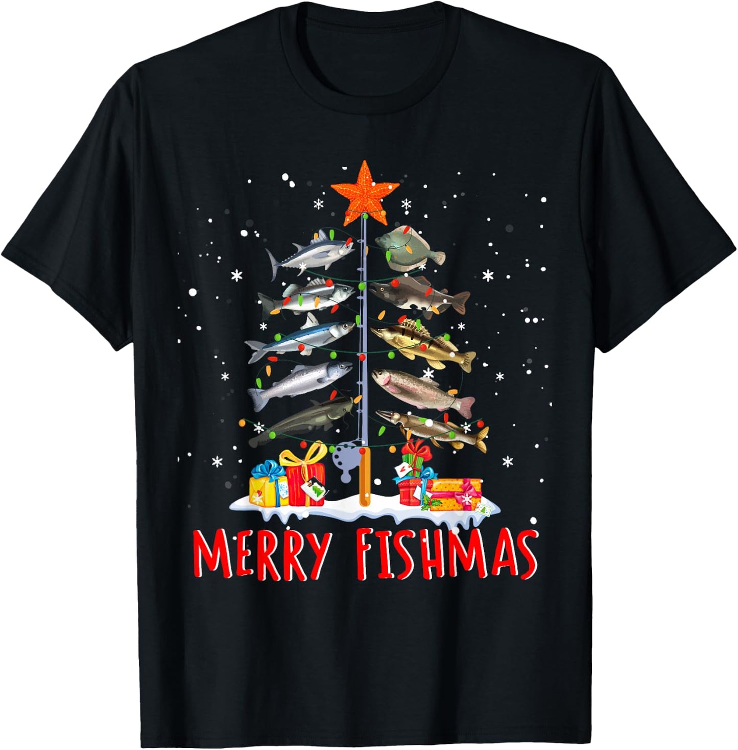 Funny Merry Fishmas - Christmas Tree Lights T-Shirt - T-Shirt | Black